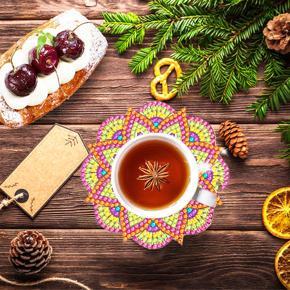 6Pcs/set Diamond Painting Mandala Coaster Cup Cushion with Rack Cup Pad Decor