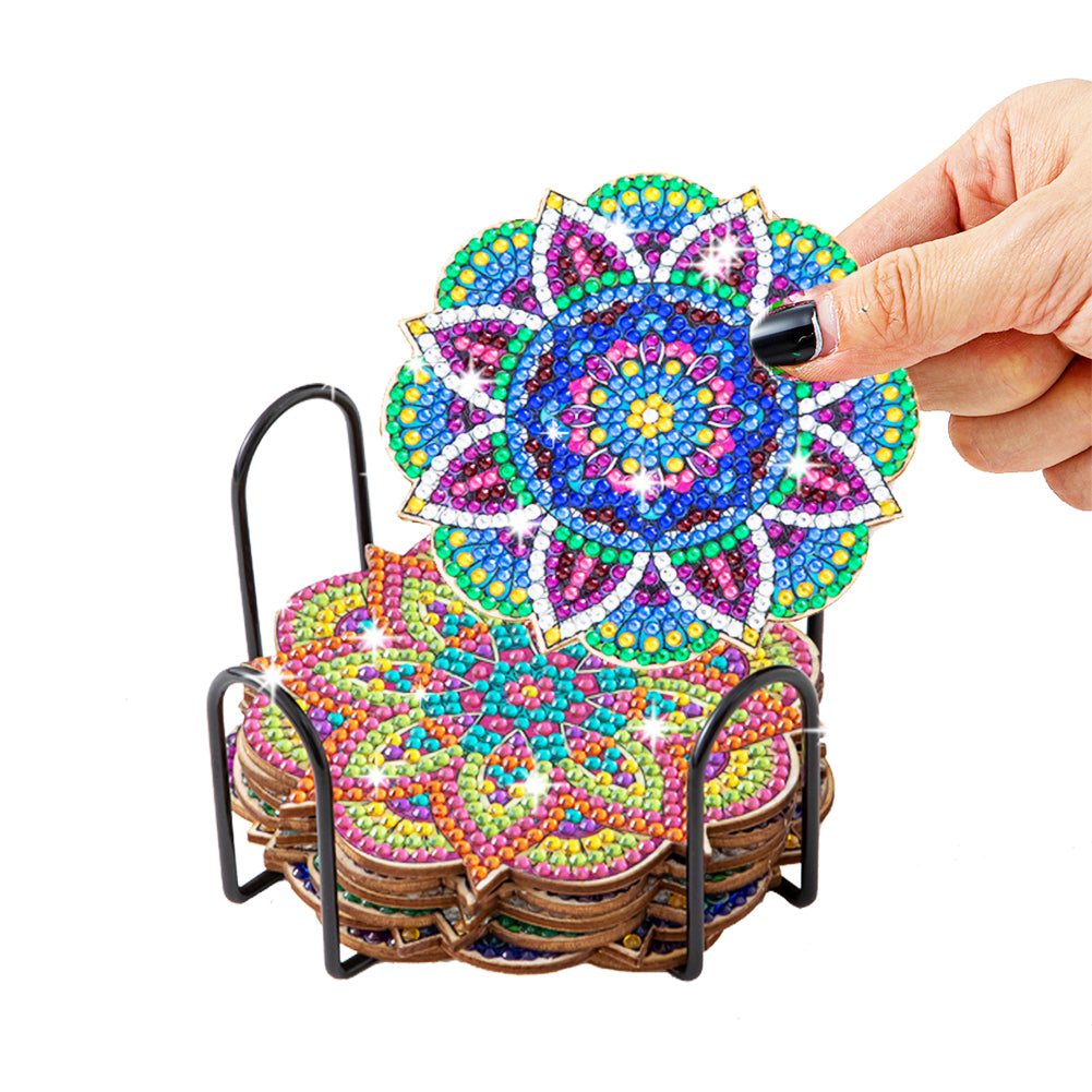 6Pcs/set Diamond Painting Mandala Coaster Cup Cushion with Rack Cup Pad Decor