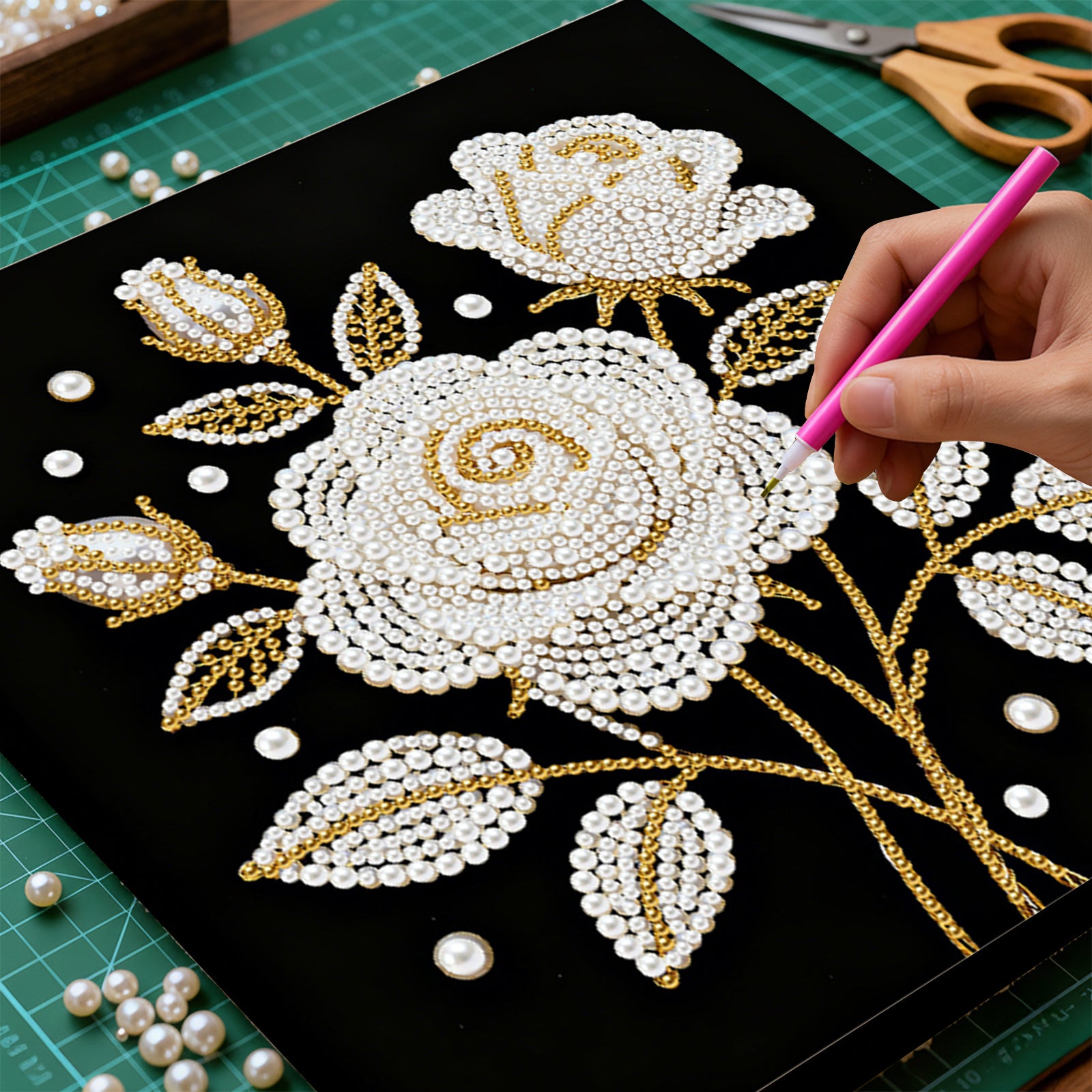 DIY Pearl Painting Rose for Home Decor with Frame(25x25cm)