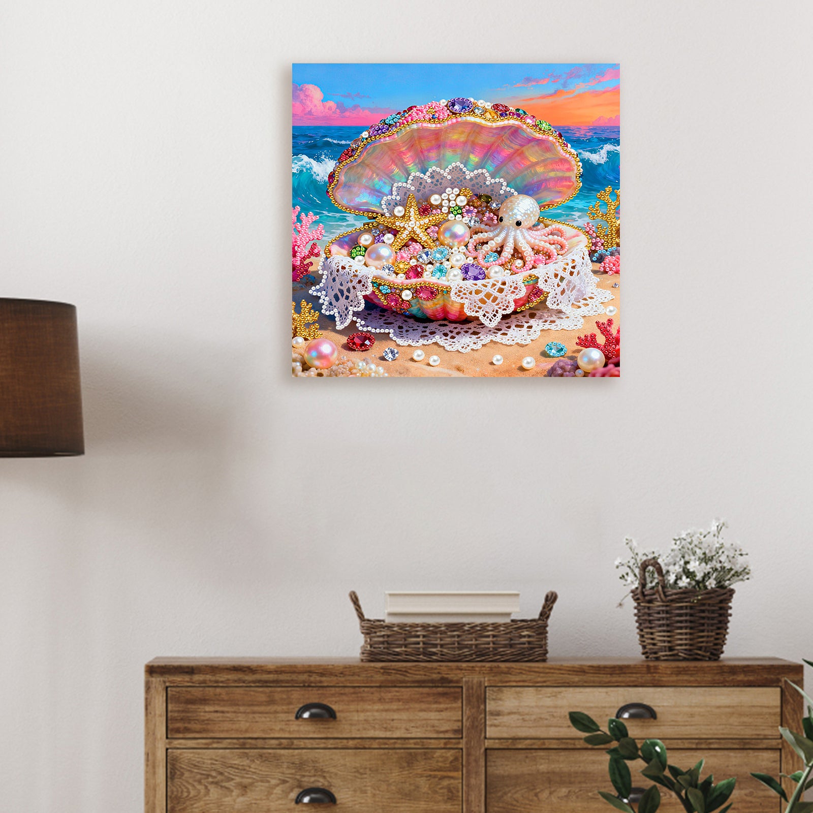 DIY Pearl Painting Seashell with Frame for Home Wall Decor(25x25cm)