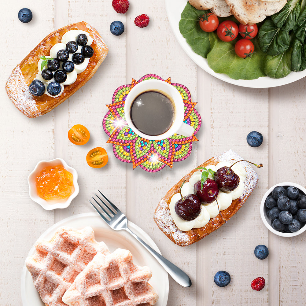 6Pcs/set Diamond Painting Mandala Coaster Cup Cushion with Rack Cup Pad Decor