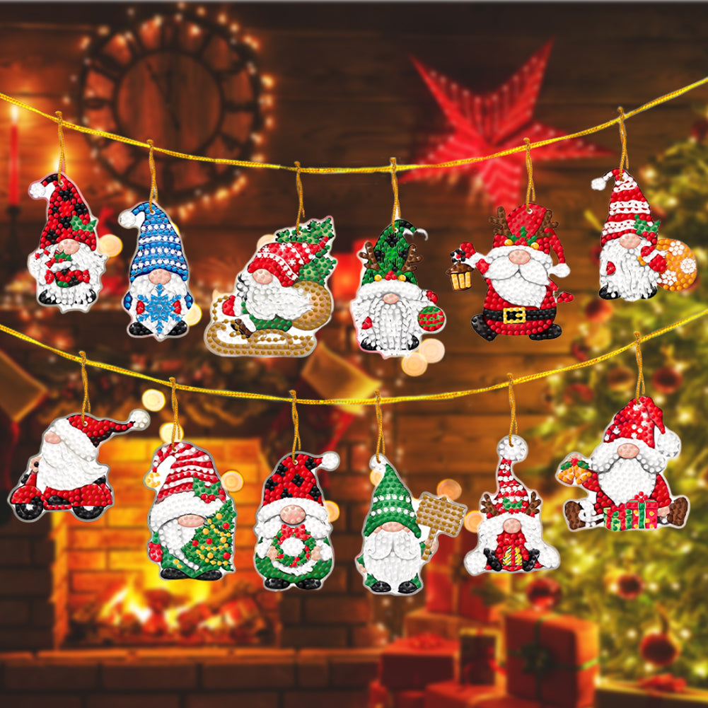 12Pcs Diamond Painting Acrylic Christmas Goblin Hanging Kits for Christmas Tree