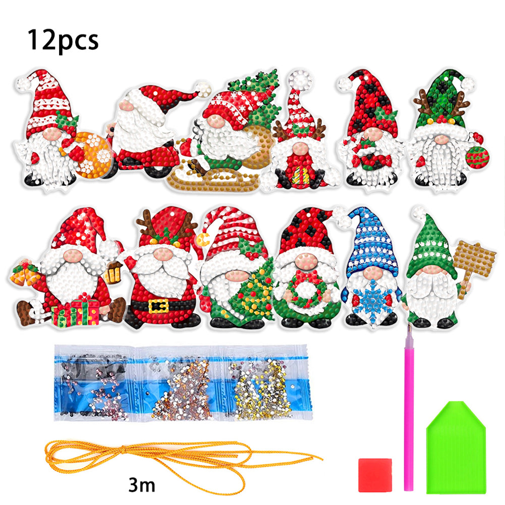 12Pcs Diamond Painting Acrylic Christmas Goblin Hanging Kits for Christmas Tree