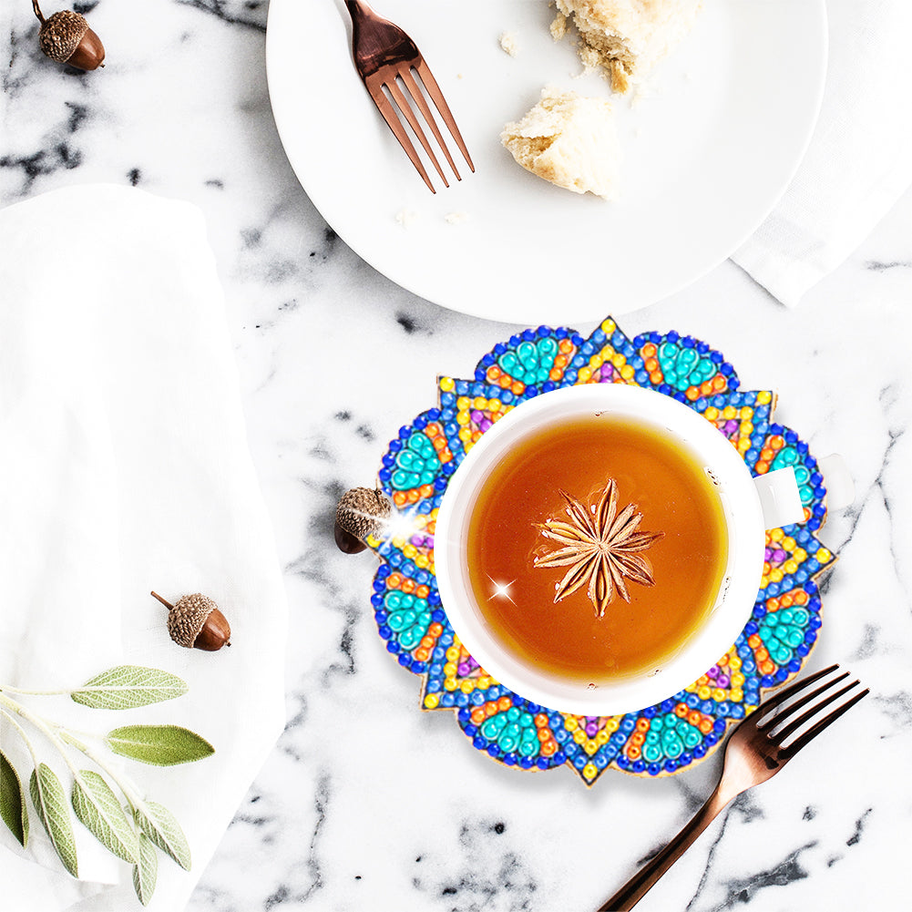 6Pcs/set Diamond Painting Mandala Coaster Cup Cushion with Rack Cup Pad Decor