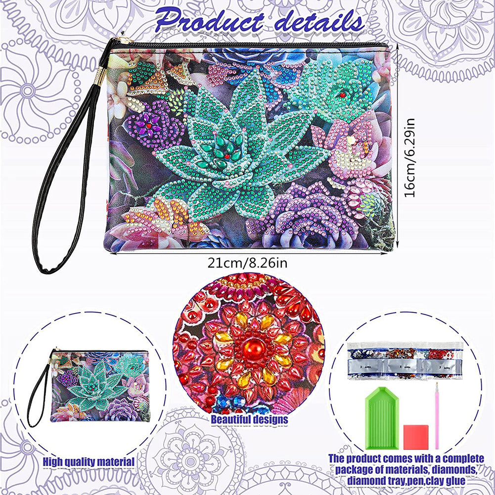 Diamond Painting Succulents Single Side PU Cosmetic Bag Ladies Clutch