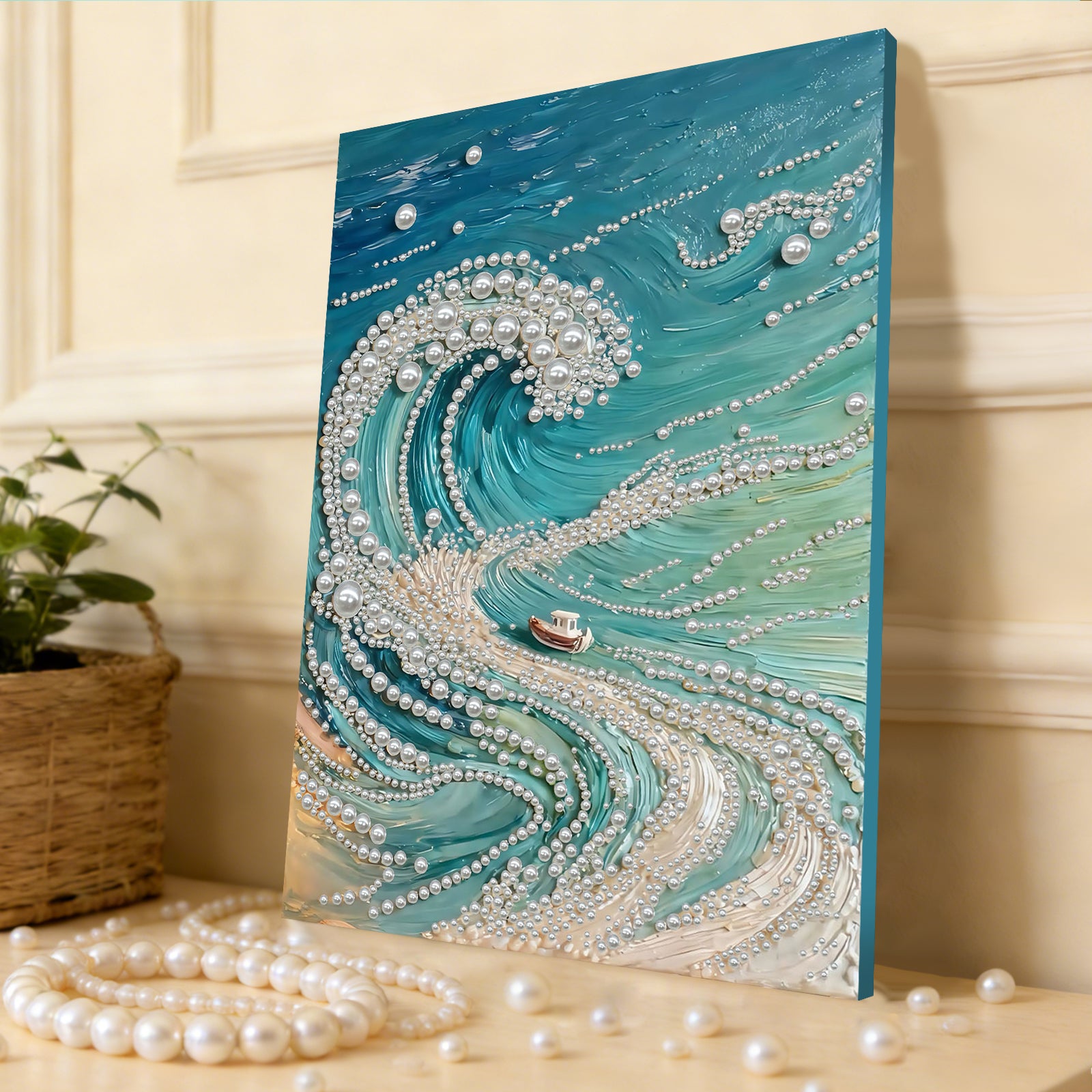 DIY Pearl Painting Waves for Home Wall Decor with Frame(40x30cm)