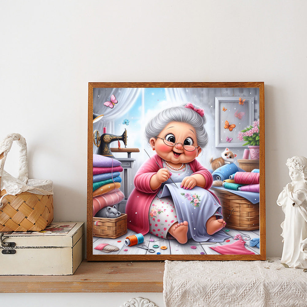 Diamond Painting-DIY Full Round Drill Old Lady With Tulips