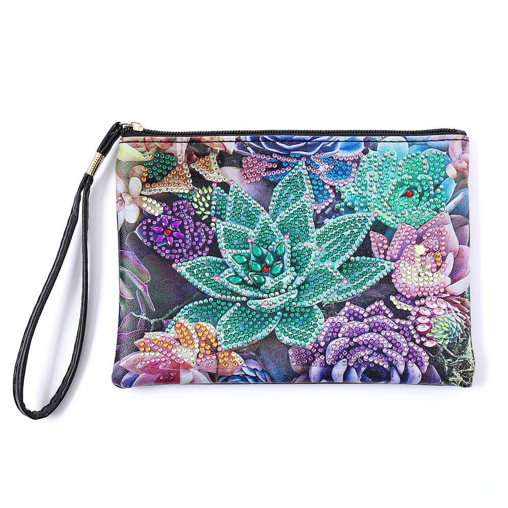 Diamond Painting Succulents Single Side PU Cosmetic Bag Ladies Clutch