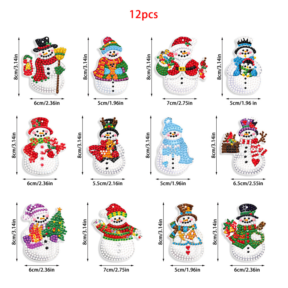 12Pcs Diamond Painting Acrylic Christmas Snowman Hanging Kits for Christmas Tree