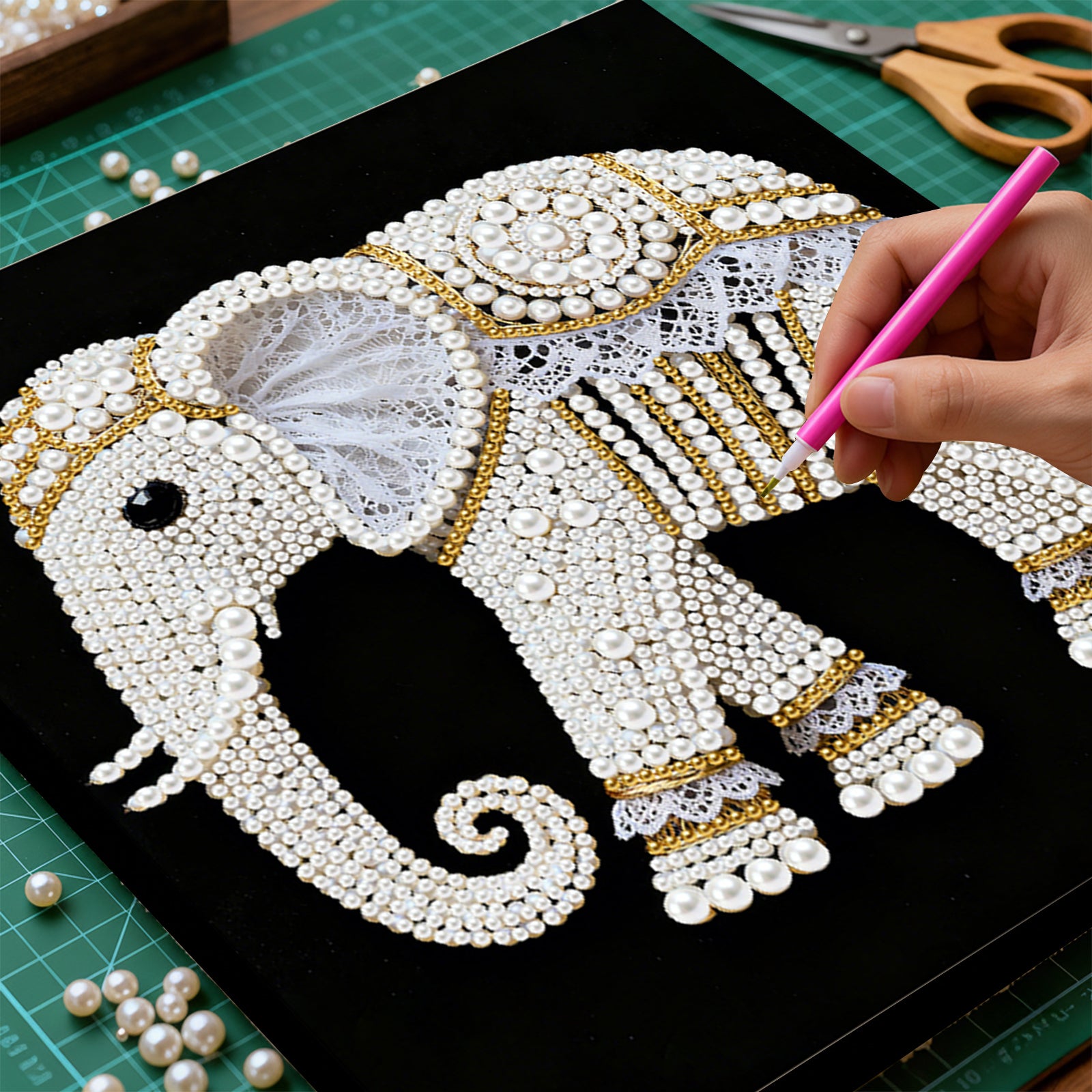 DIY Pearl Painting Elephant for Home Decor with Frame(25x25cm)