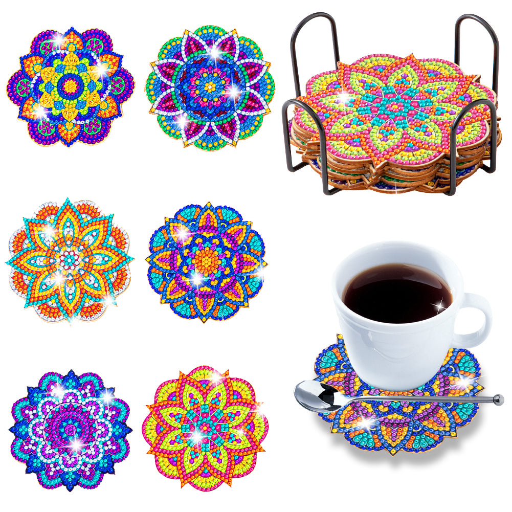 6Pcs/set Diamond Painting Mandala Coaster Cup Cushion with Rack Cup Pad Decor