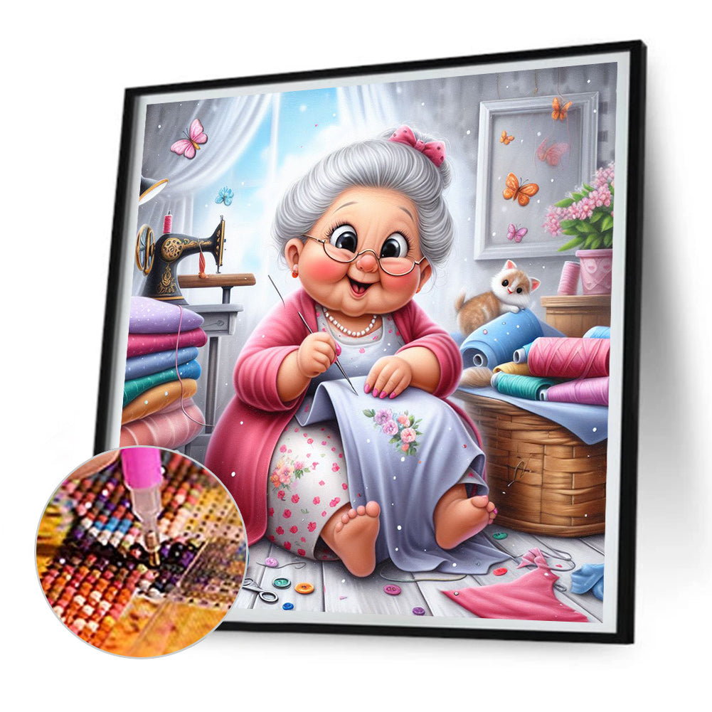 Diamond Painting-DIY Full Round Drill Old Lady With Tulips