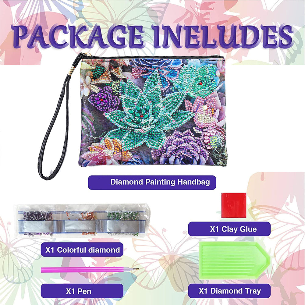 Diamond Painting Succulents Single Side PU Cosmetic Bag Ladies Clutch