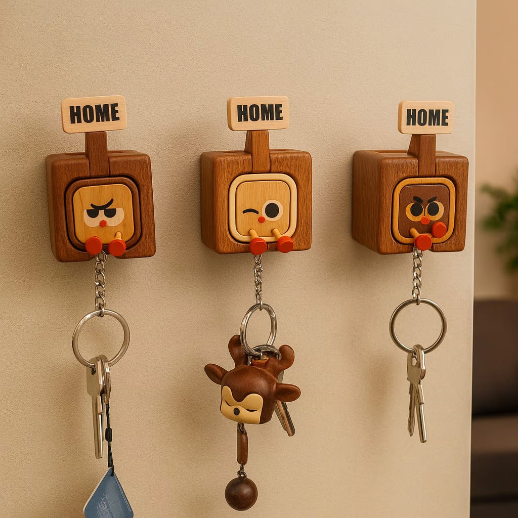 🔥Hot Selling:Creative Wooden Key Hooks with Funny Facial Expressions - Functional & Stylish Key