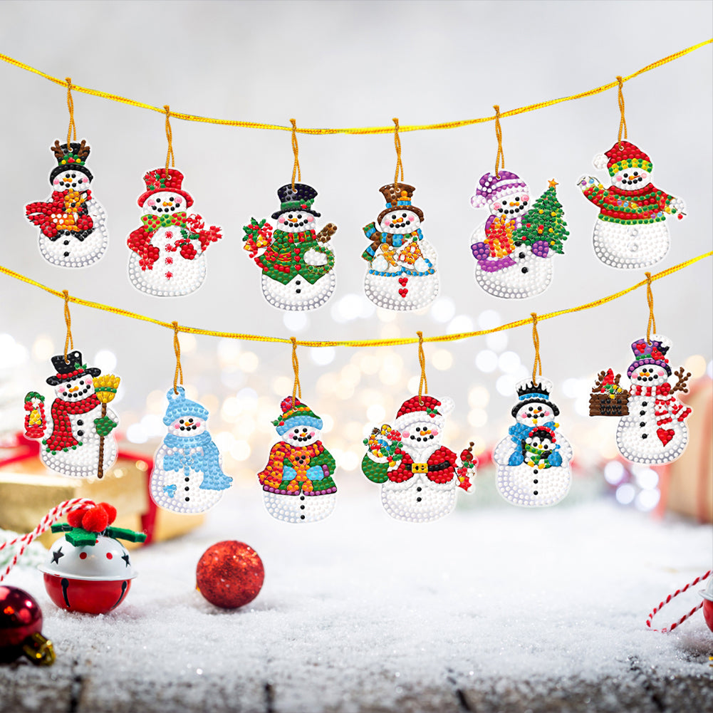 12Pcs Diamond Painting Acrylic Christmas Snowman Hanging Kits for Christmas Tree