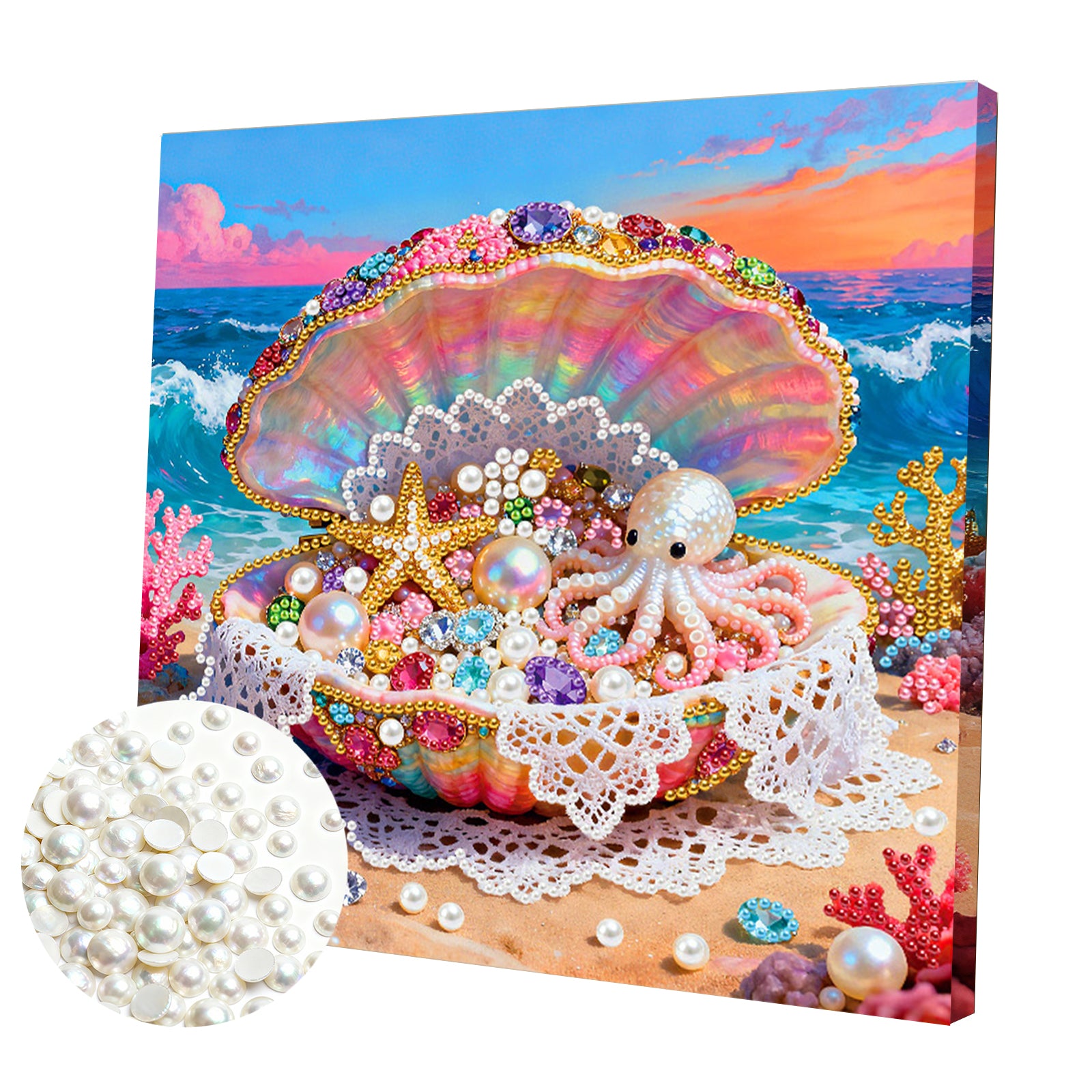 DIY Pearl Painting Seashell with Frame for Home Wall Decor(25x25cm)