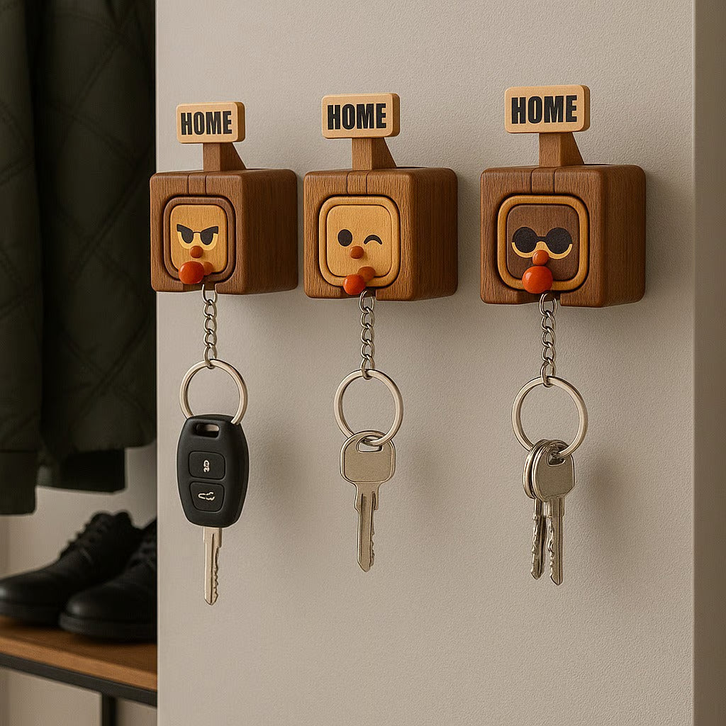 🔥Hot Selling:Creative Wooden Key Hooks with Funny Facial Expressions - Functional & Stylish Key