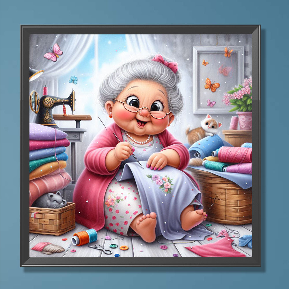 Diamond Painting-DIY Full Round Drill Old Lady With Tulips