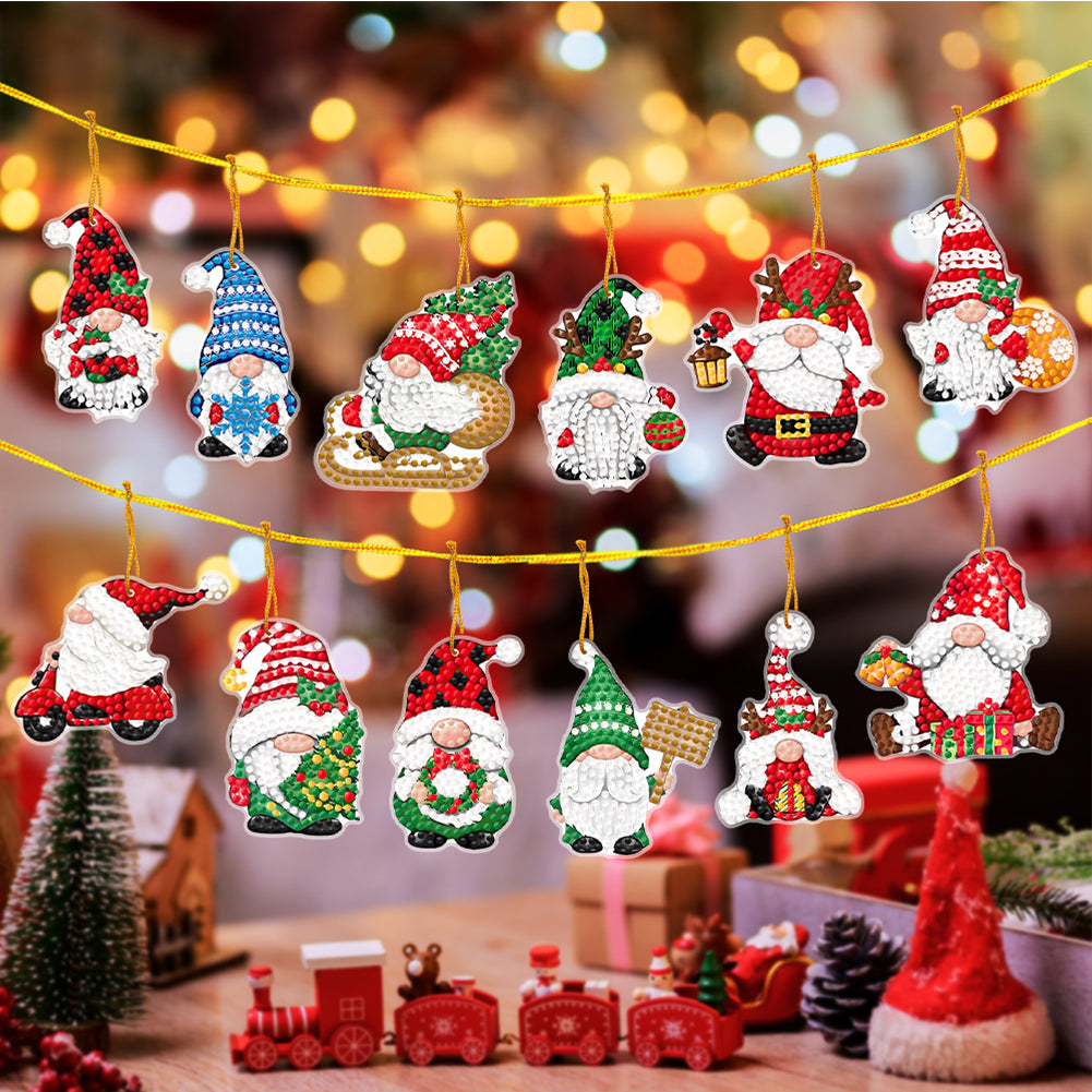 12Pcs Diamond Painting Acrylic Christmas Goblin Hanging Kits for Christmas Tree