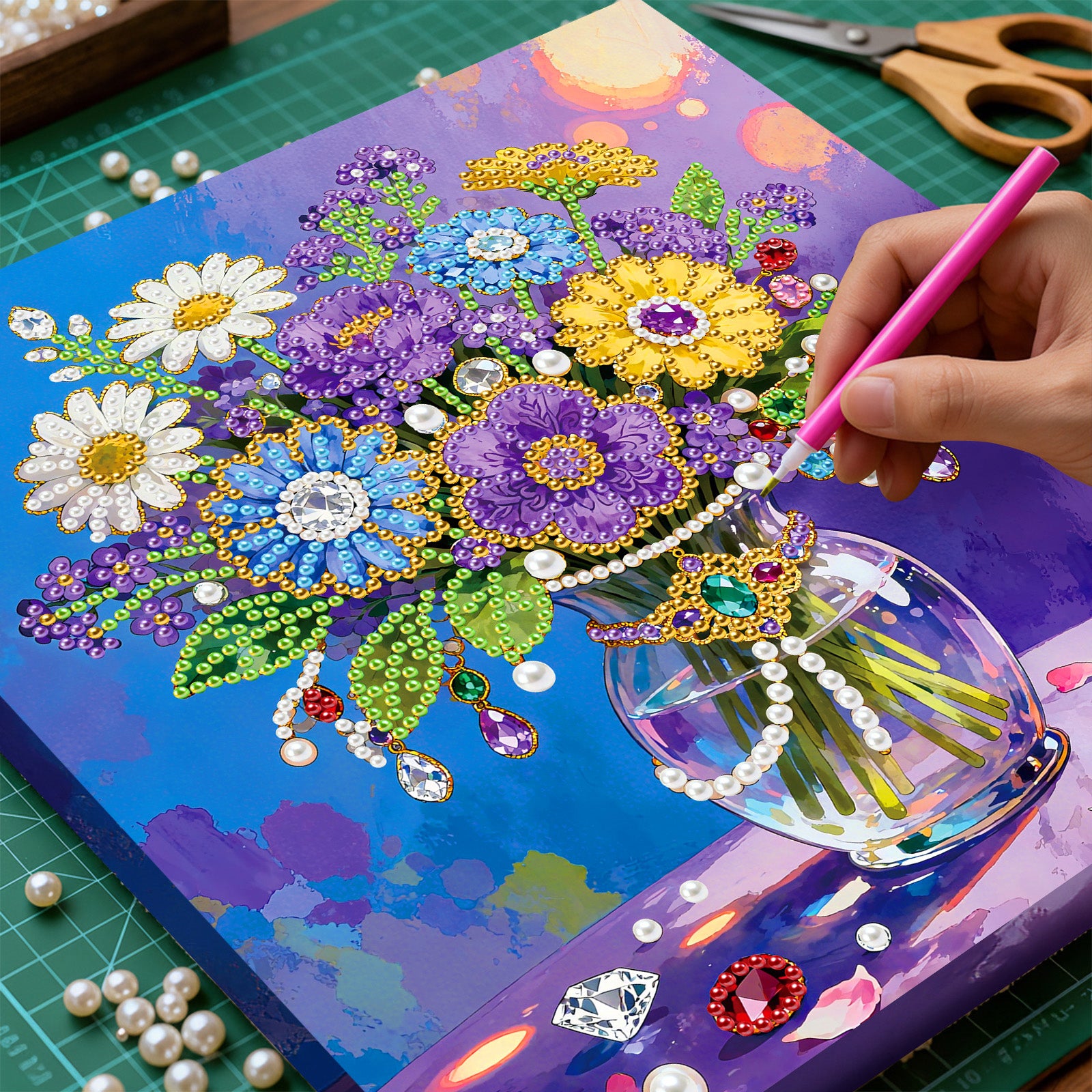 DIY Pearl Painting Colorful Vases for Home Decor with Frame(25x25cm)