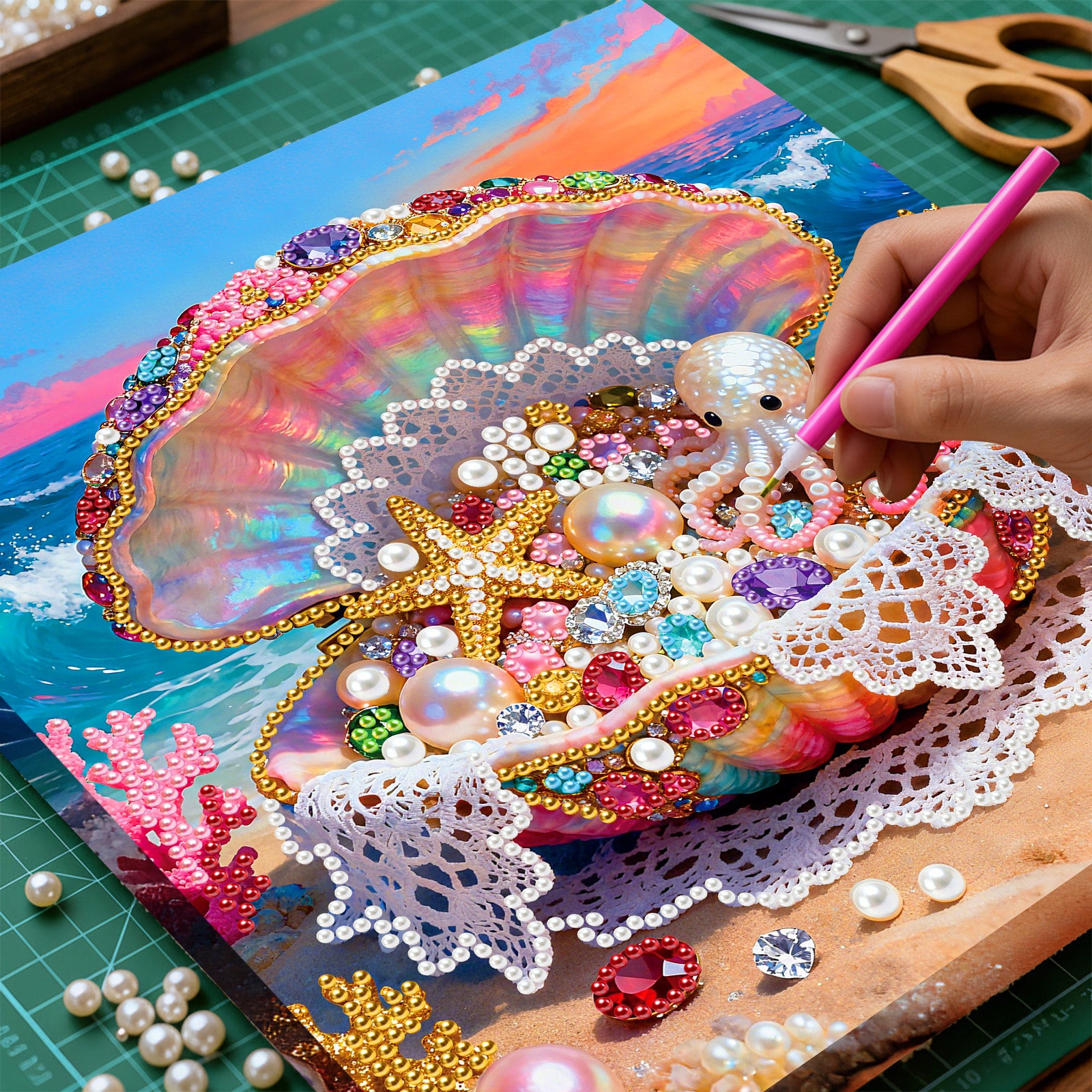 DIY Pearl Painting Seashell with Frame for Home Wall Decor(25x25cm)