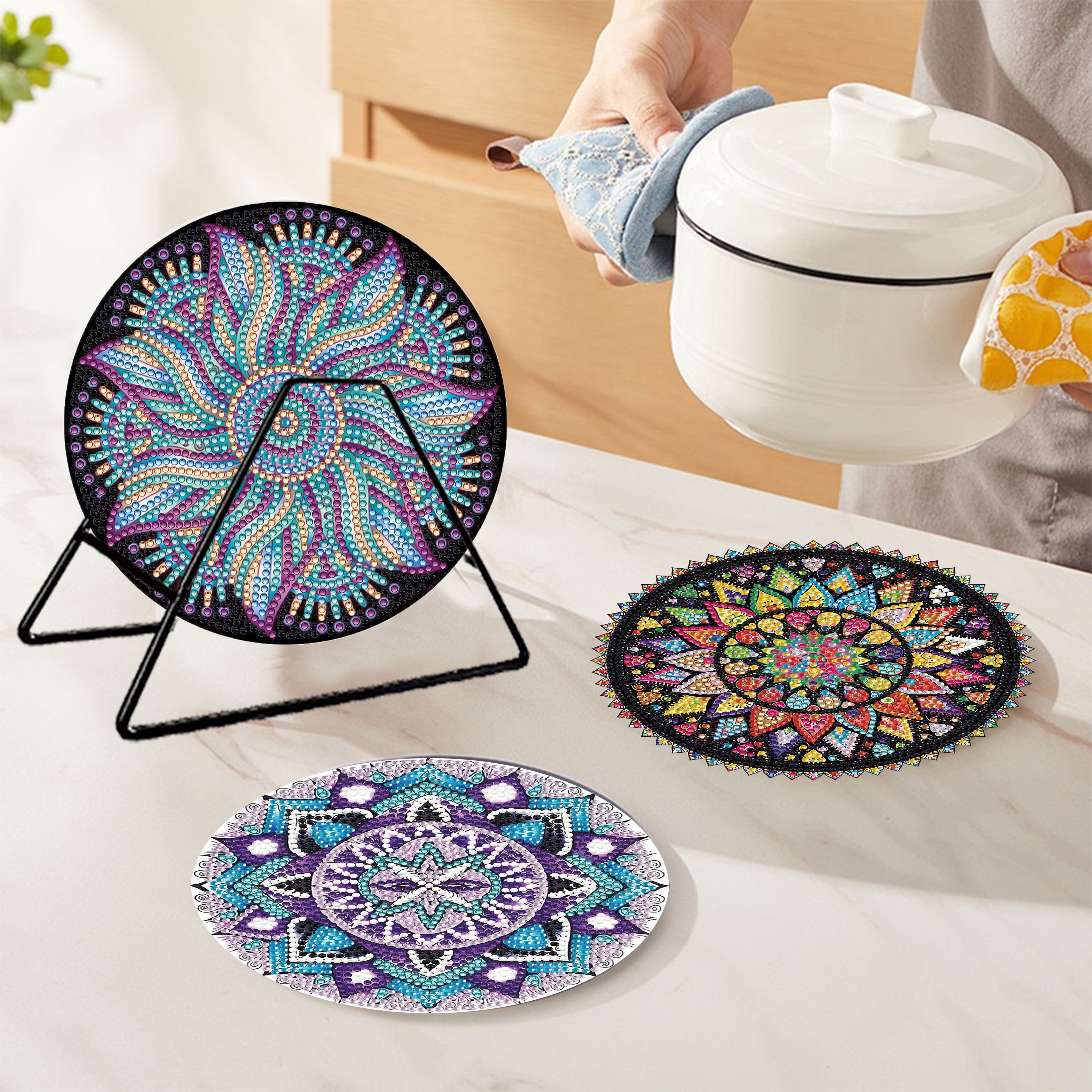 4PCS Diamond Painted Mandala Placemats Insulated Dish Mats Comes with Mats