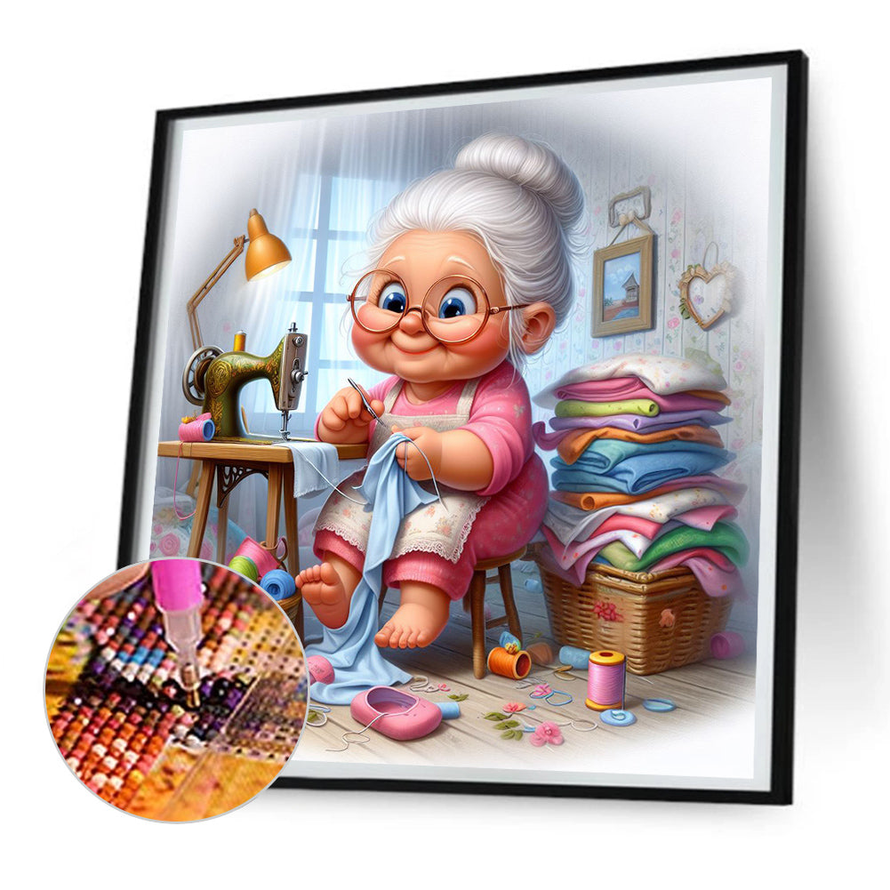 Diamond Painting-DIY Full Round Drill Old Lady With Tulips